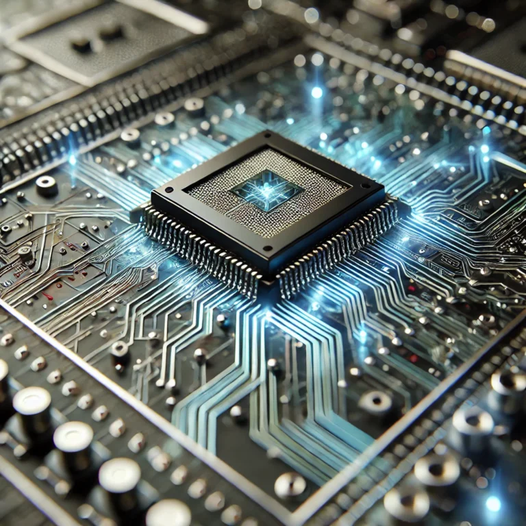 The photo depicts a detailed, artistic visualization of semiconductors, featuring a modern microchip or wafer with intricate circuitry patterns and silicon material. It was generated by AI.