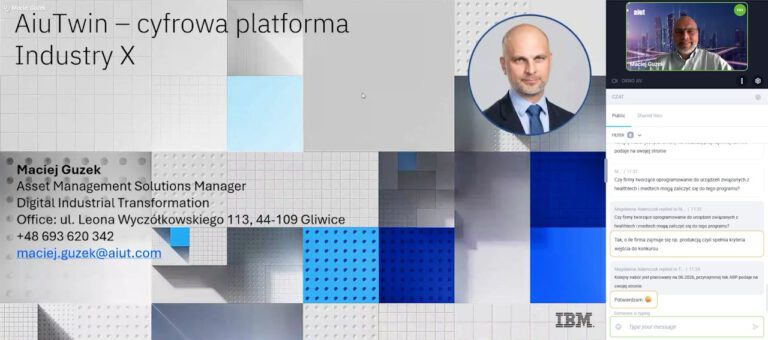 Maciej Guzek, ekspert AIUT, podczas webinaru DIG.IT prezentuje system AIUTwin – cyfrowego bliźniaka dla przemysłu.